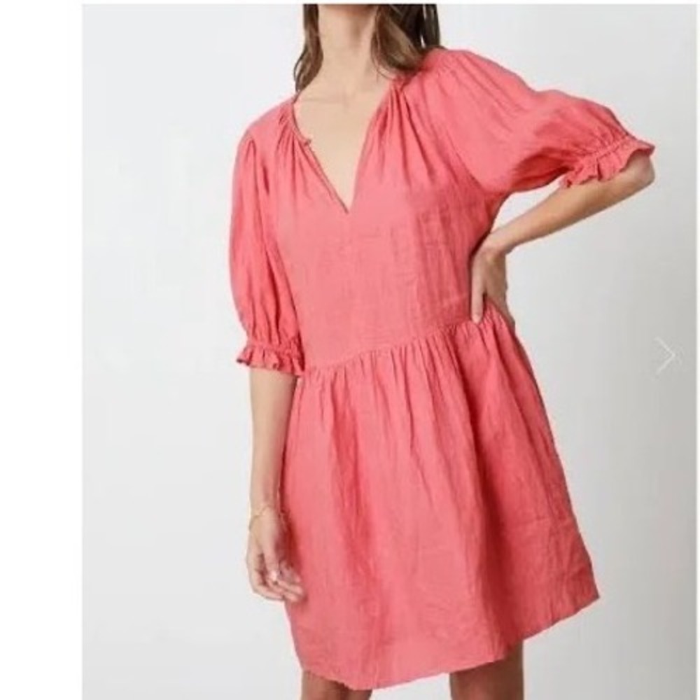 VELVET by GRAHAM & SPENCER Pink Linen Tiered Coastal Beach Party Mini Dress XS